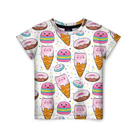 Детская футболка 3D с принтом Сладкие котики в Курске, 100% гипоаллергенный полиэфир | прямой крой, круглый вырез горловины, длина до линии бедер, чуть спущенное плечо, ткань немного тянется | конфетти | котики | мороженое | пломбир | пончики | рожок