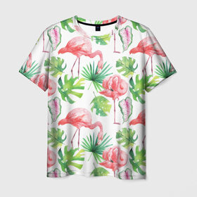 Мужская футболка 3D с принтом Розовые в Курске, 100% полиэфир | прямой крой, круглый вырез горловины, длина до линии бедер | Тематика изображения на принте: листья | папоротник | паттерн | фламинго