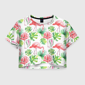 Женская футболка 3D укороченная с принтом Розовые в Курске, 100% полиэстер | круглая горловина, длина футболки до линии талии, рукава с отворотами | листья | папоротник | паттерн | фламинго
