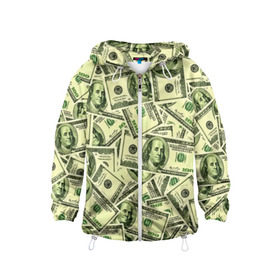 Детская ветровка 3D с принтом Benjamin Franklin в Курске, 100% полиэстер | подол и капюшон оформлены резинкой с фиксаторами, по бокам два кармана без застежек, один потайной карман на груди | 3d | benjamin franklin | америка | богатство | валюта | денежные купюры | деньги | доллар | зеленые | сша | текстуры