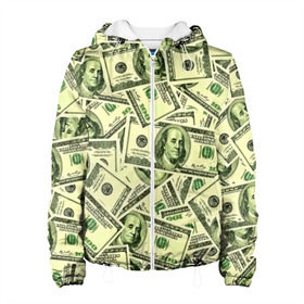 Женская куртка 3D с принтом Benjamin Franklin в Курске, ткань верха — 100% полиэстер, подклад — флис | прямой крой, подол и капюшон оформлены резинкой с фиксаторами, два кармана без застежек по бокам, один большой потайной карман на груди. Карман на груди застегивается на липучку | 3d | benjamin franklin | америка | богатство | валюта | денежные купюры | деньги | доллар | зеленые | сша | текстуры