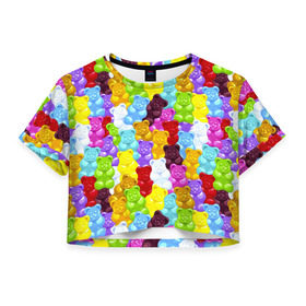Женская футболка 3D укороченная с принтом Мармелад мишки в Курске, 100% полиэстер | круглая горловина, длина футболки до линии талии, рукава с отворотами | медведь | сладкое