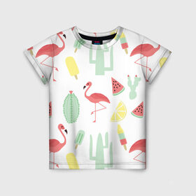 Детская футболка 3D с принтом Flamingo print в Курске, 100% гипоаллергенный полиэфир | прямой крой, круглый вырез горловины, длина до линии бедер, чуть спущенное плечо, ткань немного тянется | animals | beautiful | blue | color | cute | nature | sea | water | wild | белое | вода | голубое | животные | красивое | красота | милое | море | морское | природа | птица | птицы | птичка | птички | синее | цвет | чёрное | яркое