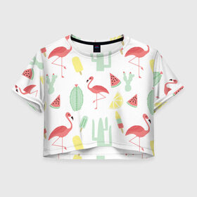 Женская футболка 3D укороченная с принтом Flamingo print в Курске, 100% полиэстер | круглая горловина, длина футболки до линии талии, рукава с отворотами | animals | beautiful | blue | color | cute | nature | sea | water | wild | белое | вода | голубое | животные | красивое | красота | милое | море | морское | природа | птица | птицы | птичка | птички | синее | цвет | чёрное | яркое