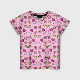 Детская футболка 3D с принтом Стикеры для Нее в Курске, 100% гипоаллергенный полиэфир | прямой крой, круглый вырез горловины, длина до линии бедер, чуть спущенное плечо, ткань немного тянется | Тематика изображения на принте: звезды | пончик | радуга | розовый | сердечко | я тебя люблю