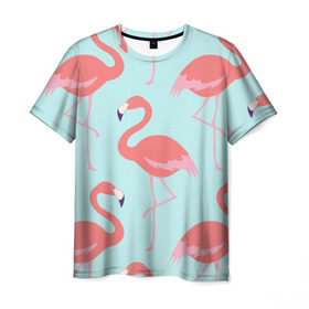 Мужская футболка 3D с принтом Flamingos pattern в Курске, 100% полиэфир | прямой крой, круглый вырез горловины, длина до линии бедер | Тематика изображения на принте: animals | beautiful | bird | birds | birdy | blue | color | flamingo | nature | wild | белое | голубое | животные | красивое | красота | милое | природа | птица | птицы | птичка | птички | синее | фламинго | цвет | яркое