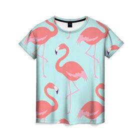 Женская футболка 3D с принтом Flamingos pattern в Курске, 100% полиэфир ( синтетическое хлопкоподобное полотно) | прямой крой, круглый вырез горловины, длина до линии бедер | animals | beautiful | bird | birds | birdy | blue | color | flamingo | nature | wild | белое | голубое | животные | красивое | красота | милое | природа | птица | птицы | птичка | птички | синее | фламинго | цвет | яркое