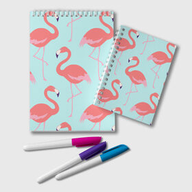 Блокнот с принтом Flamingos pattern в Курске, 100% бумага | 48 листов, плотность листов — 60 г/м2, плотность картонной обложки — 250 г/м2. Листы скреплены удобной пружинной спиралью. Цвет линий — светло-серый
 | Тематика изображения на принте: animals | beautiful | bird | birds | birdy | blue | color | flamingo | nature | wild | белое | голубое | животные | красивое | красота | милое | природа | птица | птицы | птичка | птички | синее | фламинго | цвет | яркое