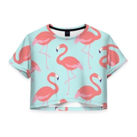 Женская футболка 3D укороченная с принтом Flamingos pattern в Курске, 100% полиэстер | круглая горловина, длина футболки до линии талии, рукава с отворотами | animals | beautiful | bird | birds | birdy | blue | color | flamingo | nature | wild | белое | голубое | животные | красивое | красота | милое | природа | птица | птицы | птичка | птички | синее | фламинго | цвет | яркое