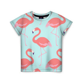Детская футболка 3D с принтом Flamingos pattern в Курске, 100% гипоаллергенный полиэфир | прямой крой, круглый вырез горловины, длина до линии бедер, чуть спущенное плечо, ткань немного тянется | Тематика изображения на принте: animals | beautiful | bird | birds | birdy | blue | color | flamingo | nature | wild | белое | голубое | животные | красивое | красота | милое | природа | птица | птицы | птичка | птички | синее | фламинго | цвет | яркое