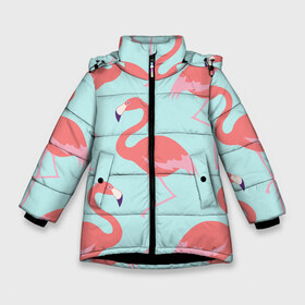 Зимняя куртка для девочек 3D с принтом Flamingos pattern в Курске, ткань верха — 100% полиэстер; подклад — 100% полиэстер, утеплитель — 100% полиэстер. | длина ниже бедра, удлиненная спинка, воротник стойка и отстегивающийся капюшон. Есть боковые карманы с листочкой на кнопках, утяжки по низу изделия и внутренний карман на молнии. 

Предусмотрены светоотражающий принт на спинке, радужный светоотражающий элемент на пуллере молнии и на резинке для утяжки. | Тематика изображения на принте: animals | beautiful | bird | birds | birdy | blue | color | flamingo | nature | wild | белое | голубое | животные | красивое | красота | милое | природа | птица | птицы | птичка | птички | синее | фламинго | цвет | яркое
