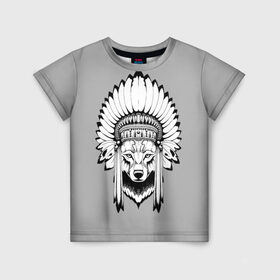 Детская футболка 3D с принтом Indian wolf в Курске, 100% гипоаллергенный полиэфир | прямой крой, круглый вырез горловины, длина до линии бедер, чуть спущенное плечо, ткань немного тянется | indian | wolf | волк | голова животного | индеец | перья