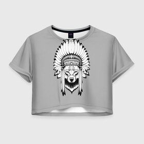 Женская футболка 3D укороченная с принтом Indian wolf в Курске, 100% полиэстер | круглая горловина, длина футболки до линии талии, рукава с отворотами | indian | wolf | волк | голова животного | индеец | перья
