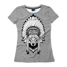 Женская футболка 3D с принтом Indian wolf в Курске, 100% полиэфир ( синтетическое хлопкоподобное полотно) | прямой крой, круглый вырез горловины, длина до линии бедер | indian | wolf | волк | голова животного | индеец | перья