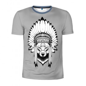 Мужская футболка 3D спортивная с принтом Indian wolf в Курске, 100% полиэстер с улучшенными характеристиками | приталенный силуэт, круглая горловина, широкие плечи, сужается к линии бедра | indian | wolf | волк | голова животного | индеец | перья