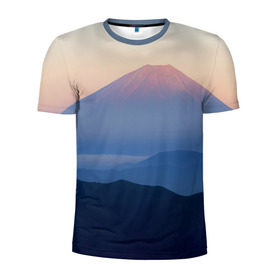 Мужская футболка 3D спортивная с принтом Фудзияма в Курске, 100% полиэстер с улучшенными характеристиками | приталенный силуэт, круглая горловина, широкие плечи, сужается к линии бедра | fuji | вулкан | горы | рассвет | солнце | туман | утро | япония