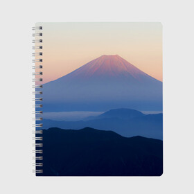 Тетрадь с принтом Фудзияма в Курске, 100% бумага | 48 листов, плотность листов — 60 г/м2, плотность картонной обложки — 250 г/м2. Листы скреплены сбоку удобной пружинной спиралью. Уголки страниц и обложки скругленные. Цвет линий — светло-серый
 | fuji | вулкан | горы | рассвет | солнце | туман | утро | япония