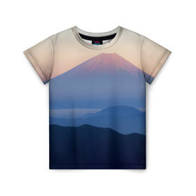 Детская футболка 3D с принтом Фудзияма в Курске, 100% гипоаллергенный полиэфир | прямой крой, круглый вырез горловины, длина до линии бедер, чуть спущенное плечо, ткань немного тянется | Тематика изображения на принте: fuji | вулкан | горы | рассвет | солнце | туман | утро | япония