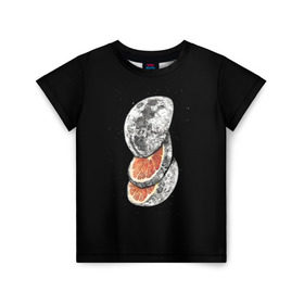 Детская футболка 3D с принтом Луна дольками в Курске, 100% гипоаллергенный полиэфир | прямой крой, круглый вырез горловины, длина до линии бедер, чуть спущенное плечо, ткань немного тянется | Тематика изображения на принте: апельсин | грейпфрут | ломтики | цитрус
