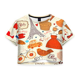 Женская футболка 3D укороченная с принтом Paris pattern в Курске, 100% полиэстер | круглая горловина, длина футболки до линии талии, рукава с отворотами | 3d | love | арт | еда | любовь | надписи | париж | паттерн | птицы | сердечки | текстура
