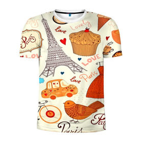 Мужская футболка 3D спортивная с принтом Paris pattern в Курске, 100% полиэстер с улучшенными характеристиками | приталенный силуэт, круглая горловина, широкие плечи, сужается к линии бедра | 3d | love | арт | еда | любовь | надписи | париж | паттерн | птицы | сердечки | текстура