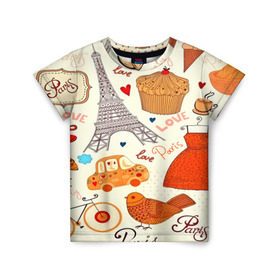 Детская футболка 3D с принтом Paris pattern в Курске, 100% гипоаллергенный полиэфир | прямой крой, круглый вырез горловины, длина до линии бедер, чуть спущенное плечо, ткань немного тянется | 3d | love | арт | еда | любовь | надписи | париж | паттерн | птицы | сердечки | текстура