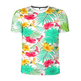 Мужская футболка 3D спортивная с принтом Tropical pattern в Курске, 100% полиэстер с улучшенными характеристиками | приталенный силуэт, круглая горловина, широкие плечи, сужается к линии бедра | Тематика изображения на принте: 3d | арт | лето | пальмы | текстура | тропический | узор | цветы