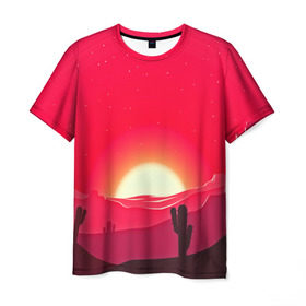 Мужская футболка 3D с принтом Gorgeous sunset в Курске, 100% полиэфир | прямой крой, круглый вырез горловины, длина до линии бедер | 3d | арт | дикий запад | закат | кактус | природа | солнце