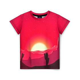 Детская футболка 3D с принтом Gorgeous sunset в Курске, 100% гипоаллергенный полиэфир | прямой крой, круглый вырез горловины, длина до линии бедер, чуть спущенное плечо, ткань немного тянется | Тематика изображения на принте: 3d | арт | дикий запад | закат | кактус | природа | солнце