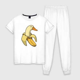 Женская пижама хлопок с принтом утка банан в Курске, 100% хлопок | брюки и футболка прямого кроя, без карманов, на брюках мягкая резинка на поясе и по низу штанин | banana | duck | meme | банан | мем | утка