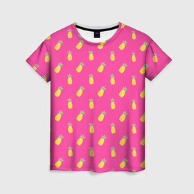 Женская футболка 3D с принтом Ананасы в Курске, 100% полиэфир ( синтетическое хлопкоподобное полотно) | прямой крой, круглый вырез горловины, длина до линии бедер | акварель | ананас | арт | лето | орнамент | паттерн | розовый | тропики | узор | фрукт | фрукты