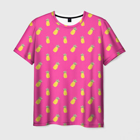 Мужская футболка 3D с принтом Ананасы в Курске, 100% полиэфир | прямой крой, круглый вырез горловины, длина до линии бедер | акварель | ананас | арт | лето | орнамент | паттерн | розовый | тропики | узор | фрукт | фрукты