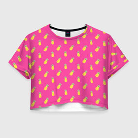 Женская футболка 3D укороченная с принтом Ананасы в Курске, 100% полиэстер | круглая горловина, длина футболки до линии талии, рукава с отворотами | акварель | ананас | арт | лето | орнамент | паттерн | розовый | тропики | узор | фрукт | фрукты