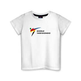 Детская футболка хлопок с принтом World Taekwondo logo в Курске, 100% хлопок | круглый вырез горловины, полуприлегающий силуэт, длина до линии бедер | Тематика изображения на принте: world taekwondo | wt | логотип | тхэквондо