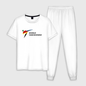 Мужская пижама хлопок с принтом World Taekwondo logo в Курске, 100% хлопок | брюки и футболка прямого кроя, без карманов, на брюках мягкая резинка на поясе и по низу штанин
 | Тематика изображения на принте: world taekwondo | wt | логотип | тхэквондо