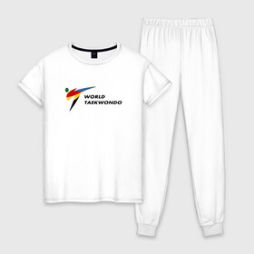 Женская пижама хлопок с принтом World Taekwondo logo в Курске, 100% хлопок | брюки и футболка прямого кроя, без карманов, на брюках мягкая резинка на поясе и по низу штанин | world taekwondo | wt | логотип | тхэквондо