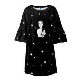 Детское платье 3D с принтом Чай Космос в Курске, 100% полиэстер | прямой силуэт, чуть расширенный к низу. Круглая горловина, на рукавах — воланы | звезды | корабль | космонавт | кофе | мужчина | небо | ночь | парень | черно белый | эмоции