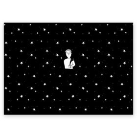 Поздравительная открытка с принтом Чай Космос в Курске, 100% бумага | плотность бумаги 280 г/м2, матовая, на обратной стороне линовка и место для марки
 | звезды | корабль | космонавт | кофе | мужчина | небо | ночь | парень | черно белый | эмоции