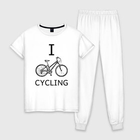 Женская пижама хлопок с принтом I love cycling в Курске, 100% хлопок | брюки и футболка прямого кроя, без карманов, на брюках мягкая резинка на поясе и по низу штанин | bicycle | bike | bmx | cycling | enjoy | i | like | love | moto | ride | rider | sport | байк | велик | вело | велосипед | велосипедист | ездить | зож | катать | кататься | лето | спорт | спортсмен