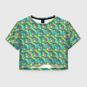 Женская футболка 3D укороченная с принтом Гаваи в Курске, 100% полиэстер | круглая горловина, длина футболки до линии талии, рукава с отворотами | aloha | fruits | hawaii | summer | ананас | арбуз | гаваи | пальмы | пляж | солнце | тропики | фламинго | флорида | фрукты