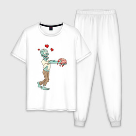 Мужская пижама хлопок с принтом Zombie love в Курске, 100% хлопок | брюки и футболка прямого кроя, без карманов, на брюках мягкая резинка на поясе и по низу штанин
 | brain | heart | love | zombie | зомби | любовь | мозги | сердце