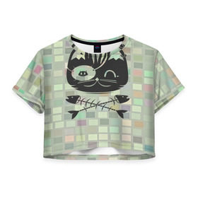 Женская футболка 3D укороченная с принтом Пиратский кот в Курске, 100% полиэстер | круглая горловина, длина футболки до линии талии, рукава с отворотами | 3d | арт | животные | кости | кот | кубики | пират | текстуры | череп
