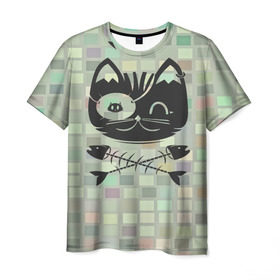 Мужская футболка 3D с принтом Пиратский кот в Курске, 100% полиэфир | прямой крой, круглый вырез горловины, длина до линии бедер | Тематика изображения на принте: 3d | арт | животные | кости | кот | кубики | пират | текстуры | череп