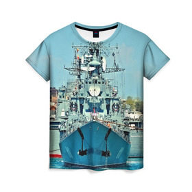 Женская футболка 3D с принтом Сторожевой корабль в Курске, 100% полиэфир ( синтетическое хлопкоподобное полотно) | прямой крой, круглый вырез горловины, длина до линии бедер | 3d | море | севастополь | сторожевой корабль | судно | черноморский флот