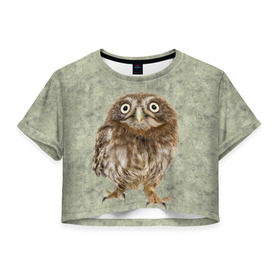 Женская футболка 3D укороченная с принтом Удивленная сова в Курске, 100% полиэстер | круглая горловина, длина футболки до линии талии, рукава с отворотами | орнамент | сова