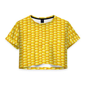 Женская футболка 3D укороченная с принтом Сладкая вареная кукуруза в Курске, 100% полиэстер | круглая горловина, длина футболки до линии талии, рукава с отворотами | еда | кукуруза