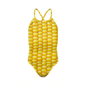 Детский купальник 3D с принтом Сладкая вареная кукуруза в Курске, Полиэстер 85%, Спандекс 15% | Слитный крой, подклад по переду изделия, узкие бретели | Тематика изображения на принте: еда | кукуруза