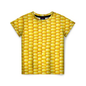 Детская футболка 3D с принтом Сладкая вареная кукуруза в Курске, 100% гипоаллергенный полиэфир | прямой крой, круглый вырез горловины, длина до линии бедер, чуть спущенное плечо, ткань немного тянется | Тематика изображения на принте: еда | кукуруза