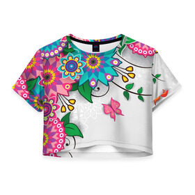 Женская футболка 3D укороченная с принтом Розовая бабочка в Курске, 100% полиэстер | круглая горловина, длина футболки до линии талии, рукава с отворотами | лепестки | листья | орнамент | сад | узор | цветочки | цветы. бабочка