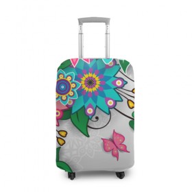 Чехол для чемодана 3D с принтом Розовая бабочка в Курске, 86% полиэфир, 14% спандекс | двустороннее нанесение принта, прорези для ручек и колес | лепестки | листья | орнамент | сад | узор | цветочки | цветы. бабочка